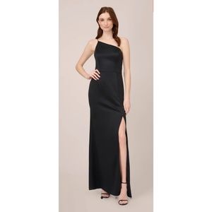 NEW (WITH TAGS) SATIN CREPE ONE-SHOULDER LONG GOWN IN BLACK